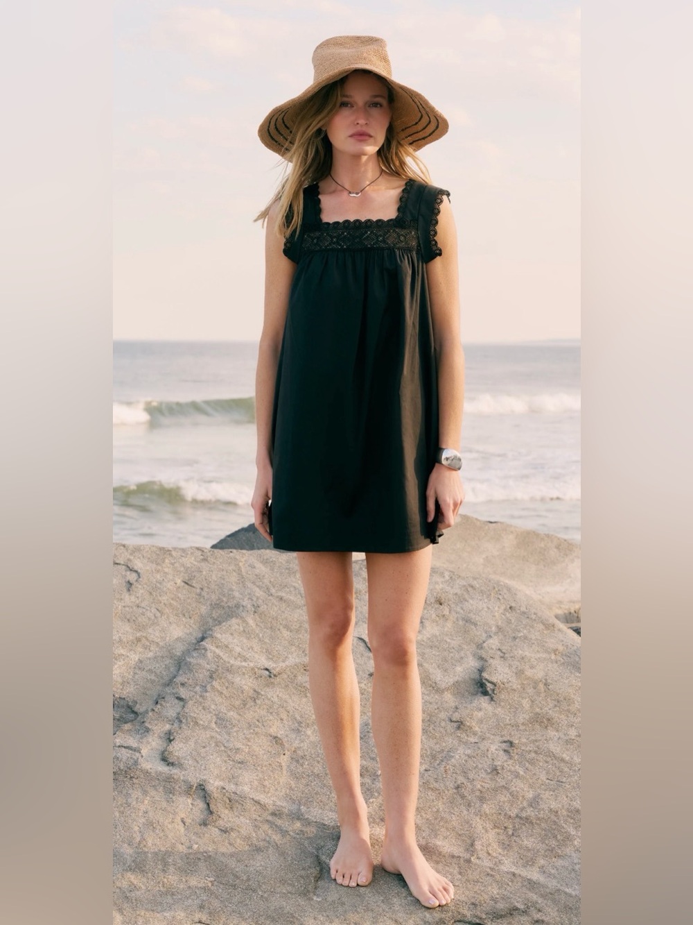 Few Moda Sorella NWT 100% Tammy Cotton Black Crochet-Trim Sleeveless Mini Dress